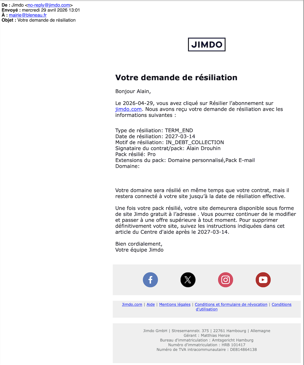 Message de résiliation reçu de Jimdo